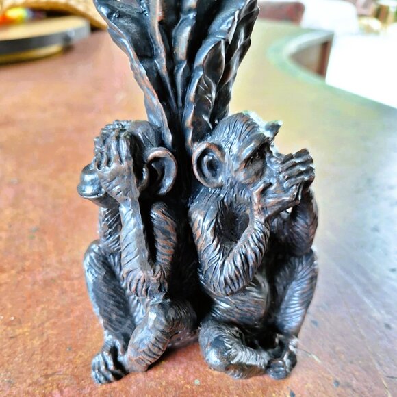 Unique 3 Monkeys Hear, Speak, See No Evil Under Palm Tree Pillar Candle Holder - Picture 3 of 7